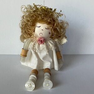 Handcrafted Angel Doll made with spools and buttons, Accent Curly Hair and Rose‎